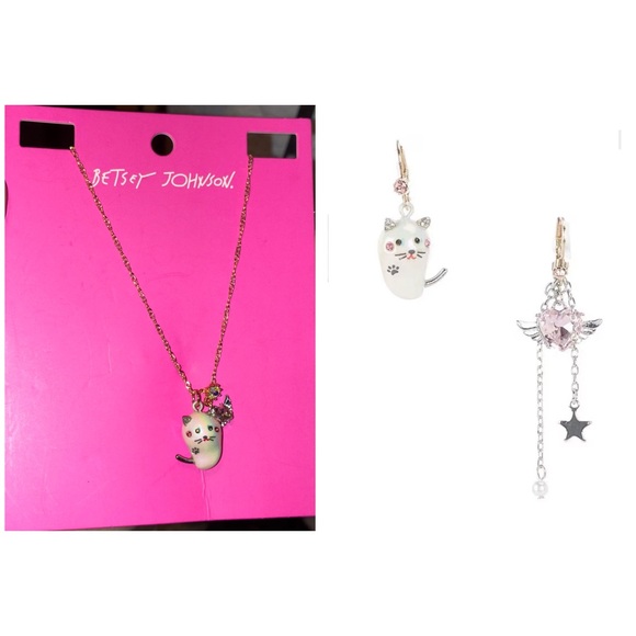 BETSEY JOHNSON SET Pearl Critters Cat Kitten Necklace & Mismatched Earrings NWT